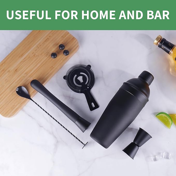 Cocktail Shaker Set Bartender Kit,5 Piece Bar Set Stainless Steel Bar Tools Set for Professional Bartender and Home (Matte Black, 5-Piece)