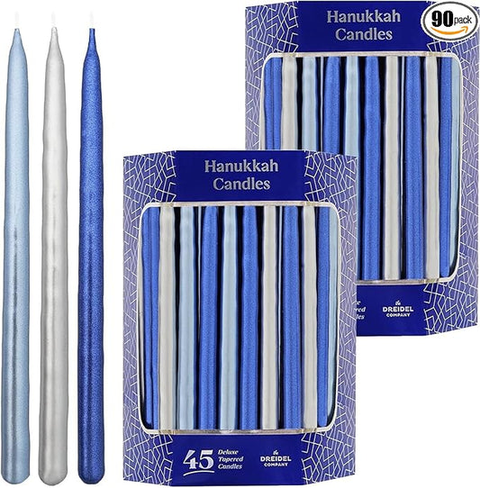 The Dreidel Company 45 Metallic Hanukkah Candles Frosted Premium Tapered Hand Decorated Chanuka Candles (Metallic Blue & Silver) (2-Pack)