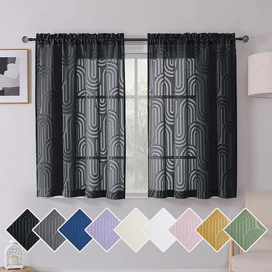 Simplebrand Black Sheer Curtains 45 Inch Length 2 Panels, Geometric Mid Century Jacquard Clip Textured Short Curtains for Bedroom, Light Filtering Dual Rod Pocket Curtains Sheer, 42Wx45L Inches