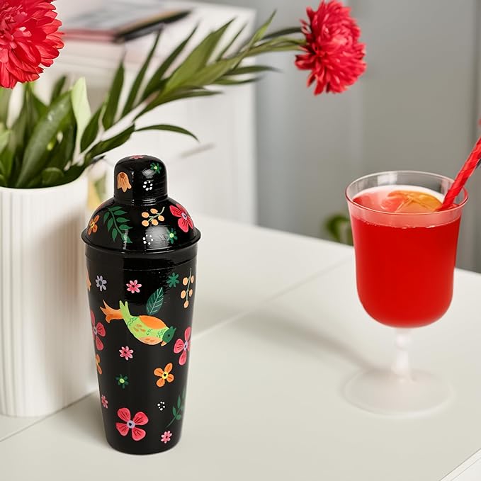 Artisanal Hand Painted Vintage Black 24 oz Cocktail Shaker – Stainless Steel Drink Mixer for Margaritas, Cocktails & Liquor – Floral Stylish Bartender Shaker Tool for Professionals & Home Bars