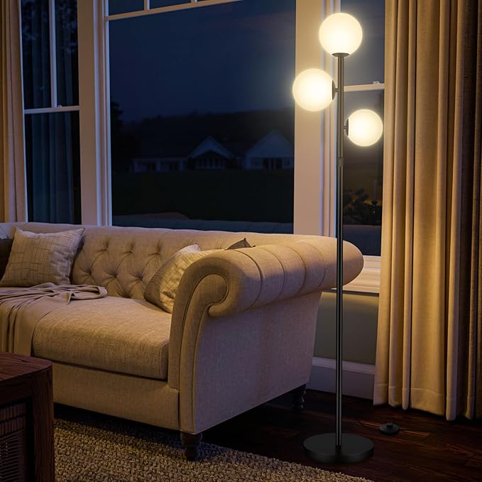 67" Mid Century Floor Lamps for Living Room, 3 Globe Floor Lamp with Frosted Glass Shades, Adjustable Height Standing Lamp with Foot Switch, Tall Lamps for Bedroom Office, G9 Bulbs Included, Black