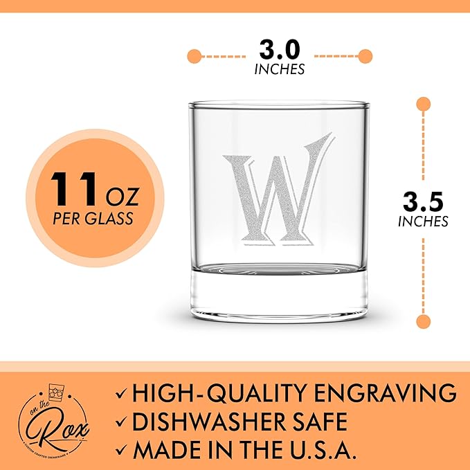 (W-Monogram)- 4 Piece Set of 11 Ounce Engraved Heavy Base Rocks Glasses- Quality Elegant Glass-Multi-Purpose Beverage-Rocks Glass- For any Occasion- By: On The Rox