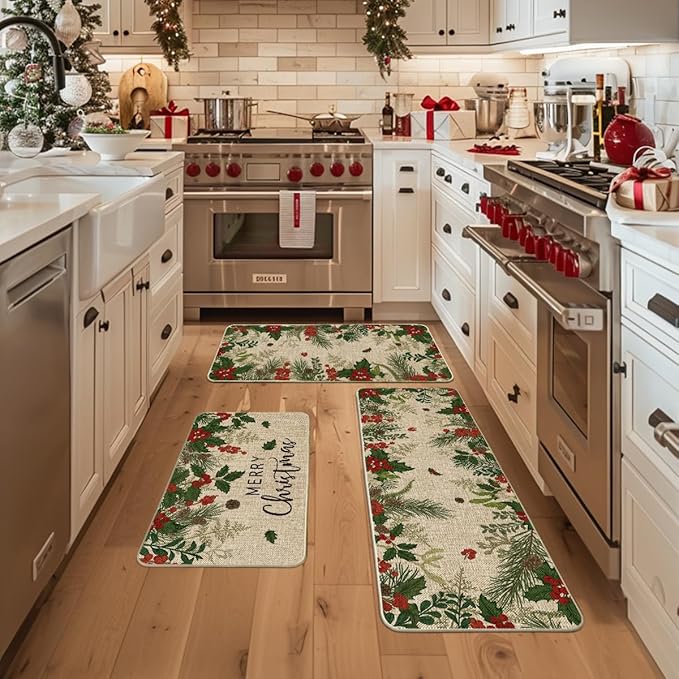 Artoid Mode Leaves Holly Merry Christmas Kitchen Mats Set of 2, Winter Home Decor Low-Profile Kitchen Rugs for Floor - 17"x29"+17"x36"+17"x47"