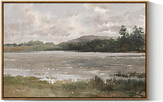 VIYYIEA Vintage Nature Large Framed Wall Art, Lakeside Landscape Paintings Art Decor Aesthetic, Canvas Print Artwork, Retro Scenery Wall Pictures for Bedroom Bathroom Office 20x30 Inch