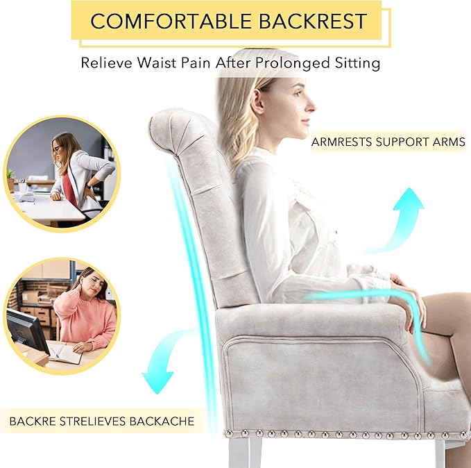 AODCHR Upholstered Velvet Accent Dining Chair, Elegant Tufted Dining Room Kitchen Room Arm Chair with Stainless Steel Leg, Beige