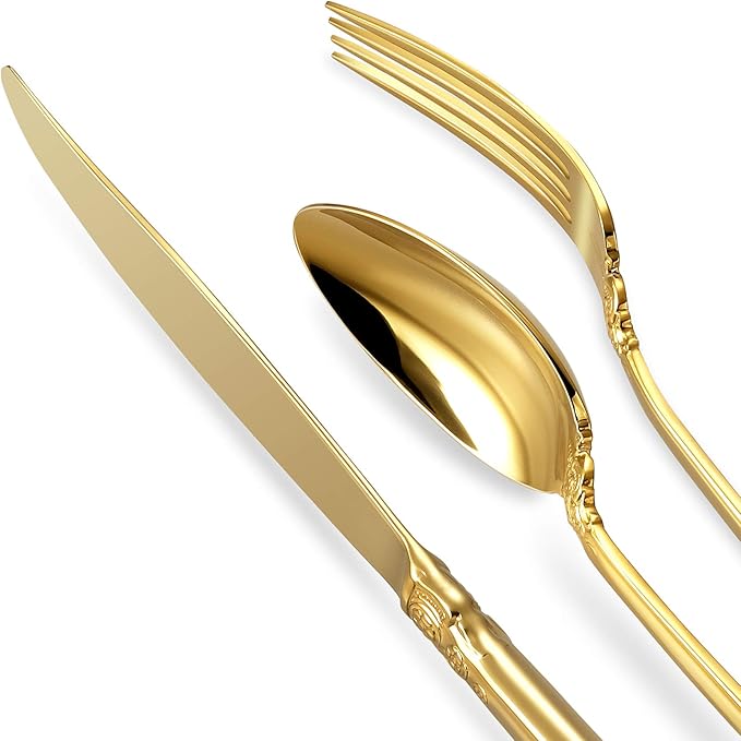 KEAWELL Luxury 20 Pieces 18/10 Stainless Steel Flatware set, Service for 4, silver plated with gold accents, Fine Silverware set and Dishwasher Safe (Gold)