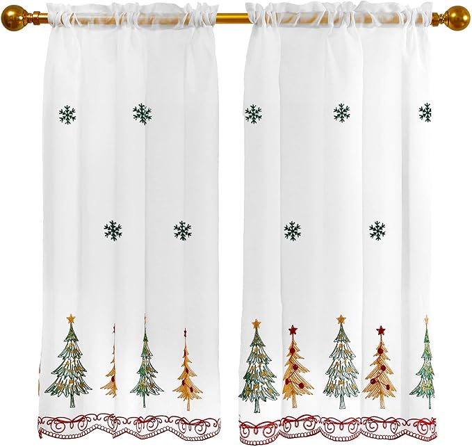 Deconovo Christmas Kitchen Tier Curtains, Embroidered Cafe Tiers, Semi Sheer Window Treatment with Rod Pocket, Light Filtering for Small Windows, Door & Sink Areas, 28W x 36L, Tree, 2 Panels