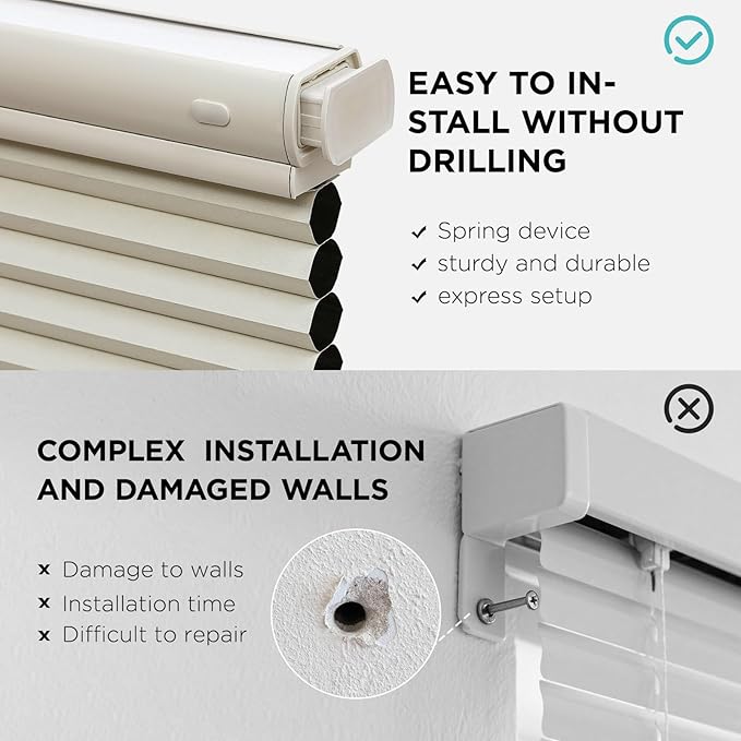 Joydeco No Tools No Drill Blinds for Indoor Windows, Cordless Window Blinds Cellular Shades Top Down Bottom Up Blackout Honeycomb Blinds Thermal Insulated Noise Reduction (Beige, 23" W x 64" H)