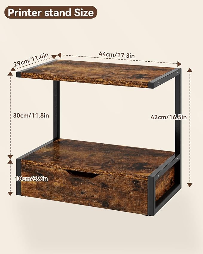 IBUYKE 2 Tier Desktop Printer Stand,Printer Table with Storage Shelf,Multi-Purpose Desk Organizer for Folders,Books,for Fax Machine, Scanner,Home Office,Brown TLJ015H