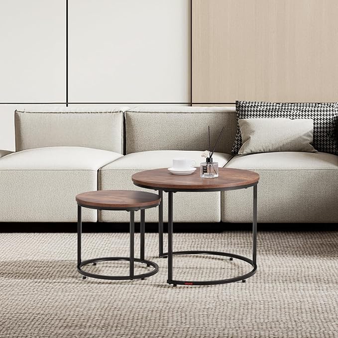 VEVOR Nesting Tables, Coffee Table Set of 2, 23.6 inch Round Coffee Table, Small Coffee Tables Night Stand with Metal Frame, for Living Room, Bedroom, Office (Brown & Black)