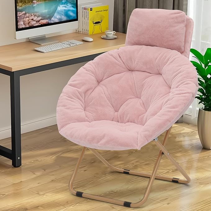 Athena Collection Comfy Saucer Chair with Headrest Oversize Round Cozy Chair Folding Chair Faux Fur Metal Frame Foldable Reading Chair Accent Chair for Bedroom Living Room Set of 2, Pink
