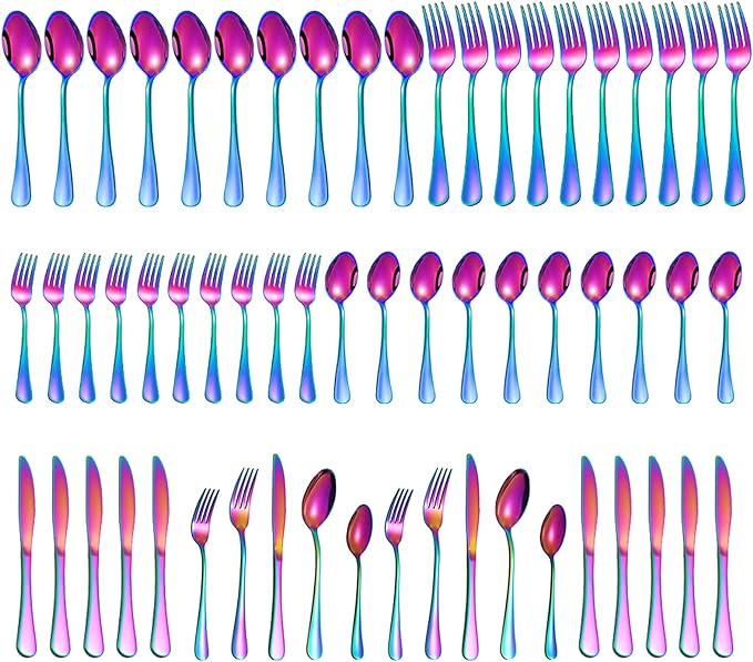 60 Pieces Rainbow Silverware set for 12, Compralo Colorful Stainless Steel Flatware Cutlery Set, Kitchen Utensils Set Include Knife Fork Spoon, Tableware Set With Titanium Plated, Dishwasher Safe