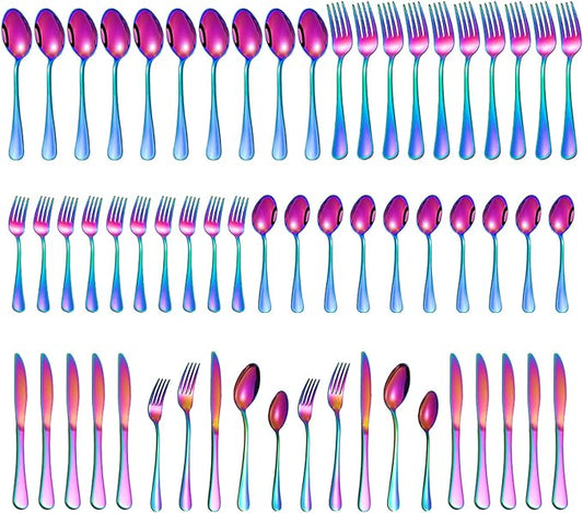 60 Pieces Rainbow Silverware set for 12, Compralo Colorful Stainless Steel Flatware Cutlery Set, Kitchen Utensils Set Include Knife Fork Spoon, Tableware Set With Titanium Plated, Dishwasher Safe