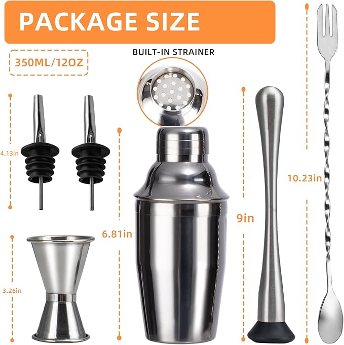 6 Piece 12oz Professional Cocktail Shaker Set with Built-in Strainer,Martini and Margarita Shaker for Home Bar, Boston Bartending Kit Gift for Beginners (350ml/12oz)