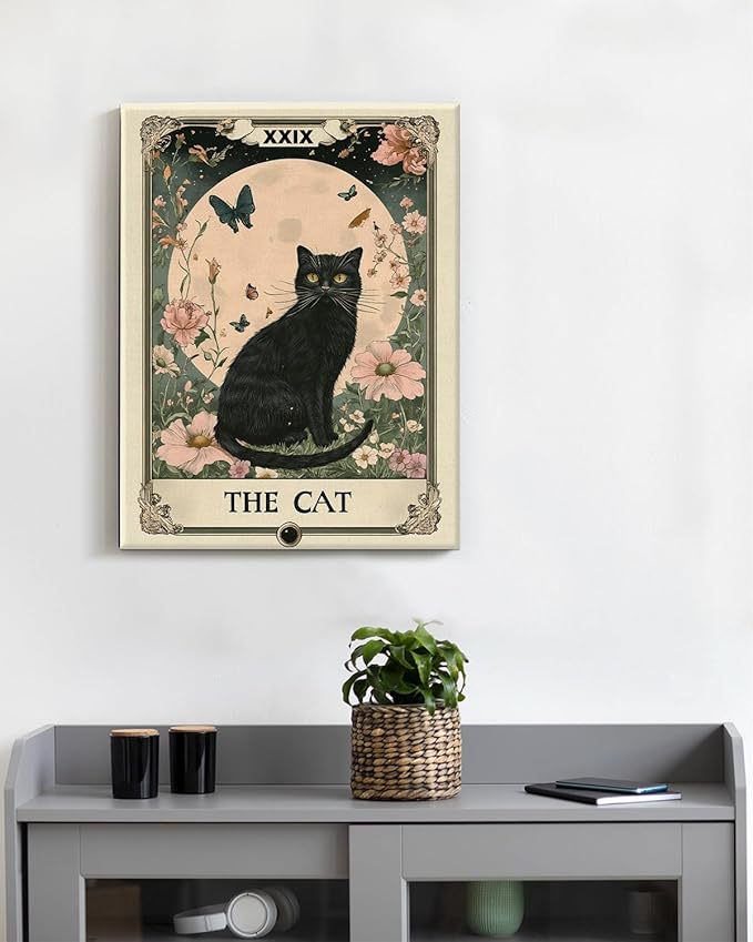 Aesthetic Cat Tarot Wall Art Decor Witchy Cat Moon Flowers Tarot Card Canvas Print Poster Framed Painting Wall Decorations for Home Living Room Bedroom 11x15 Inch, Mystical Cats Lover Gifts