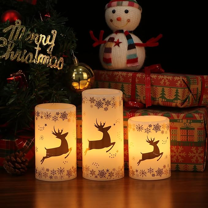DRomance Gold Deer Flameless Flickering Candles Battery Operated with 6H Timer, 3 Pack Real Wax Warm Light LED Pillar Candles Dinner Tabletop Holiday Centerpiece Decor 3" x 6"