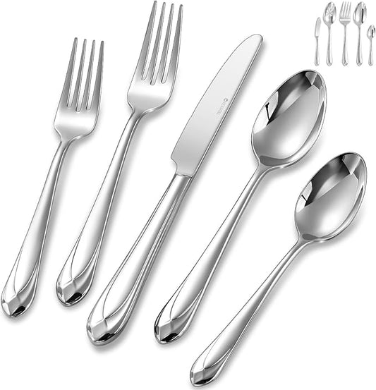 KEAWELL Premium Astra Flatware Set, 45-Piece Silverware Set for 8, Mirror-Finished 18/10 Stainless Steel, Modern Cutlery Dishwasher Safe for Meals and Gatherings (45, Silver)