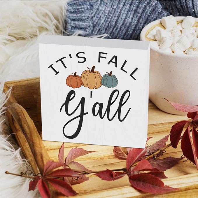 Fall Wooden Box Sign, 5.1 X 5.1 Inch Pumpkin Autumn Wood Sign for Tiered Tray, Home Living Room Harvest Day Thanksgiving Tabletop Decor - It's Fall Y'all 2