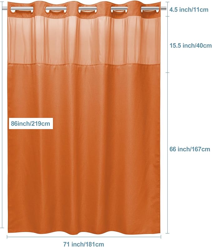 Burnt Orange Long No Hook Shower Curtain with Snap in Liner,230GSM Waffle Weave Shower Curtains for Bathroom,71W x 86H