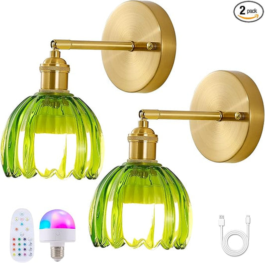 Vintage Battery Operated Wall Sconce 2 Pack, Green Tulip Glass Shade Gold Wall Lamp with 12 Inch Cable Switch, Modern Bathroom Wall Sconces Set of Two for Bedroom Corner Hallway