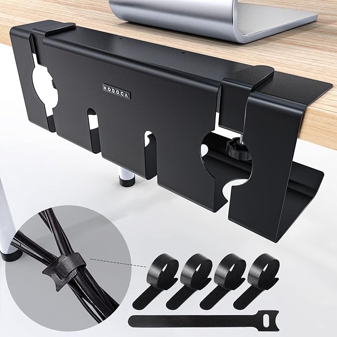 NODOCA No Drill Under Desk Cable Management Tray, 17'' Wire Management, Punch-Free Clamp on, Metal Cable Tray, Wire Organizer Under Desk, Under Desk Basket for Office and Home, Black