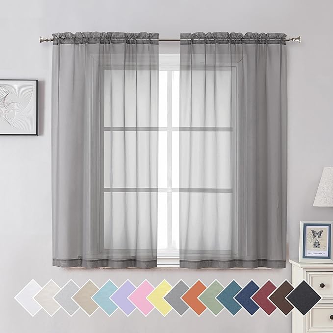 Aiyufeng Basic Rod Pocket Sheer Voile Window Curtain Panels White 1 Pair 2 Panels 40 Width 54 Inch Long for Kitchen Bedroom Children Living Room Yard(Grey, 40 W x 54 L)