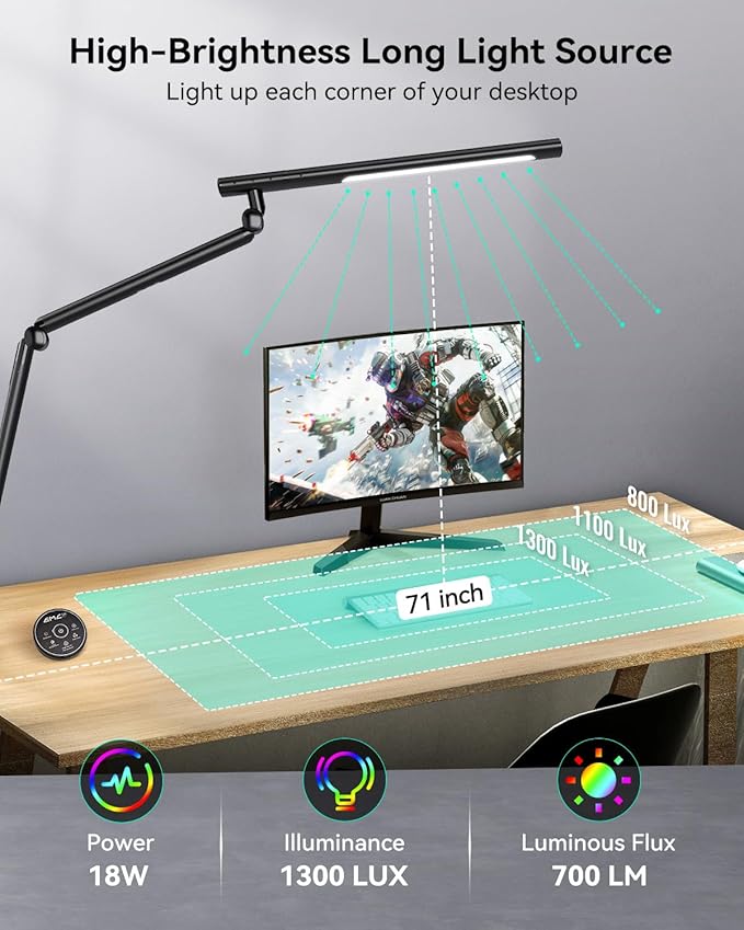 LED Desk Lamp with Clamp, 18W Architect Desk Lamp with Dual Light, Flexible 3 Sections Swing Arm, with RGB Light, with Remote, with Sensor Switch, Stepless Dimming, 4 Color Mode & 5 Brightness