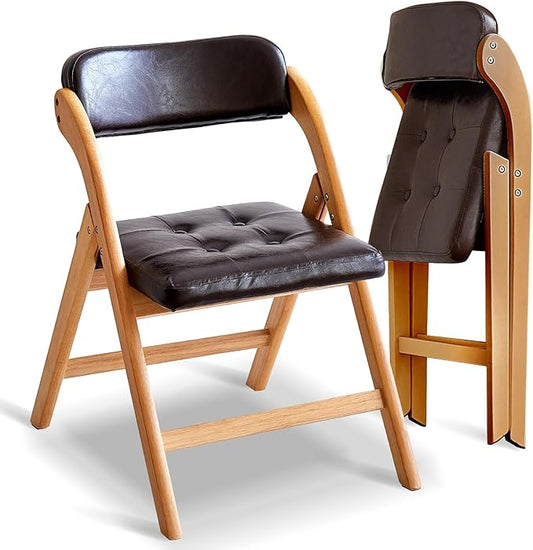 2 Pack Wooden Folding Chair with Padded Seat Stackable Wooden Foldable Chair, Folding Chairs with Cushion for Guests Kitchen, Bedroom, Office, Wedding, Library, Party, Picnic (Natural Brown)