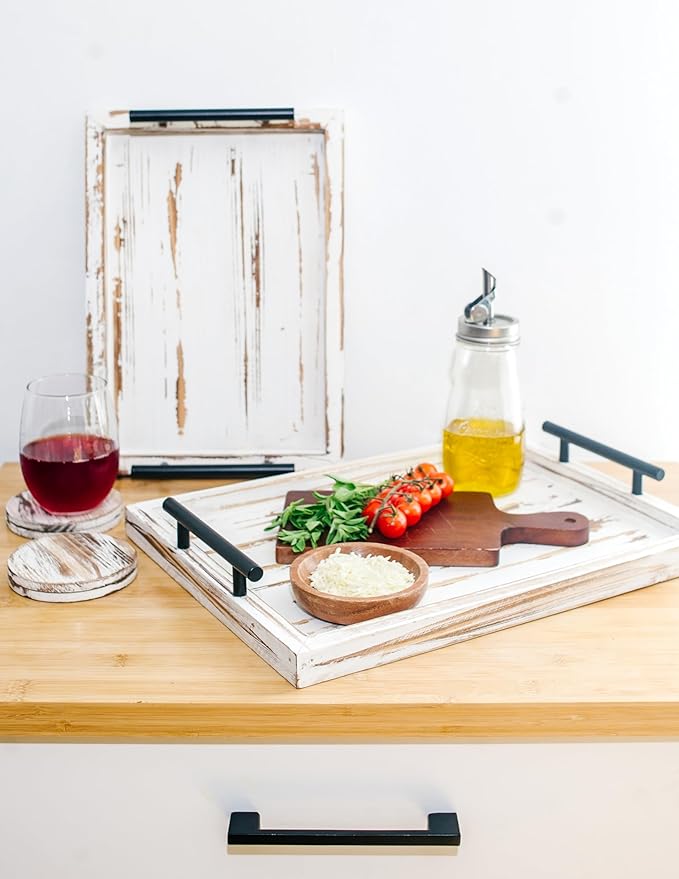 Decorative Ottoman Serving Tray Wooden Rustic (Set of 2) | Black Sleek Metal Handles | 4 Matching Coasters | Coffee Table Decor | Serving Kitchen Platter (Rustic White)