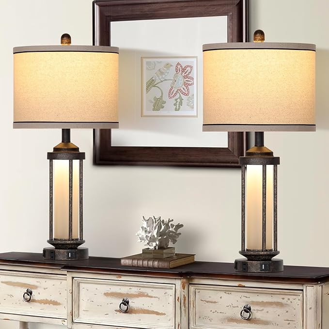 27" Farmhouse Industrial Table Lamps, Vintage Rustic Retro Beside Lamps with USB A+C Charging Ports & AC Outlet, Modern Nightstand Lamps with Glass LED Night Light for Living Room Bedrooms End Table