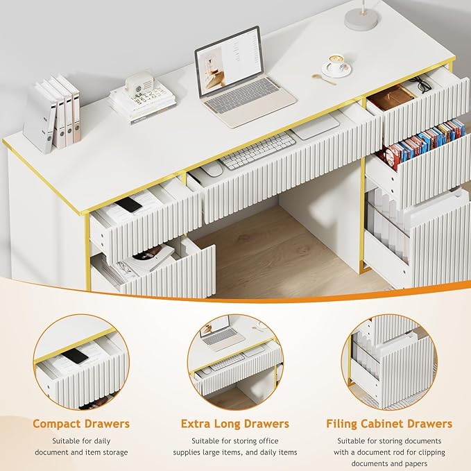 58 Inch White Desk with Drawers, Home Office Desk with 7 Drawers, Fluted Computer Desk with File Drawers for Study, White and Gold Executive Desk for Living Room, Bedroom