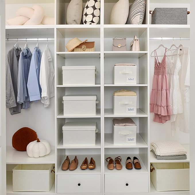 GRANNY SAYS Storage Baskets for Organizing, Linen Closet Shelf Organizers and Storage Containers with Label Holder, Large Storage Bins with Lids for Bedroom, Ivory, 3-Pack