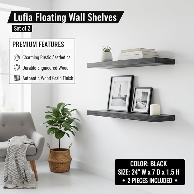 Lufia Floating Wall Shelves, Set of 2, MDF with Invisible Brackets, Modern Storage for Bedroom, Bathroom, Living Room, Kitchen (Black, 24" W x 7" D x 1.5" H)