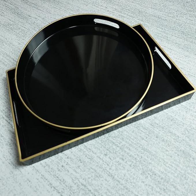 Spsyrine Round Black Decorative Tray, 13" Plastic Serving Table Tray with Handles for Breakfast, Round Modern Ottoman Tray for Coffee Table, Bathroom, Kitchen, Living Room
