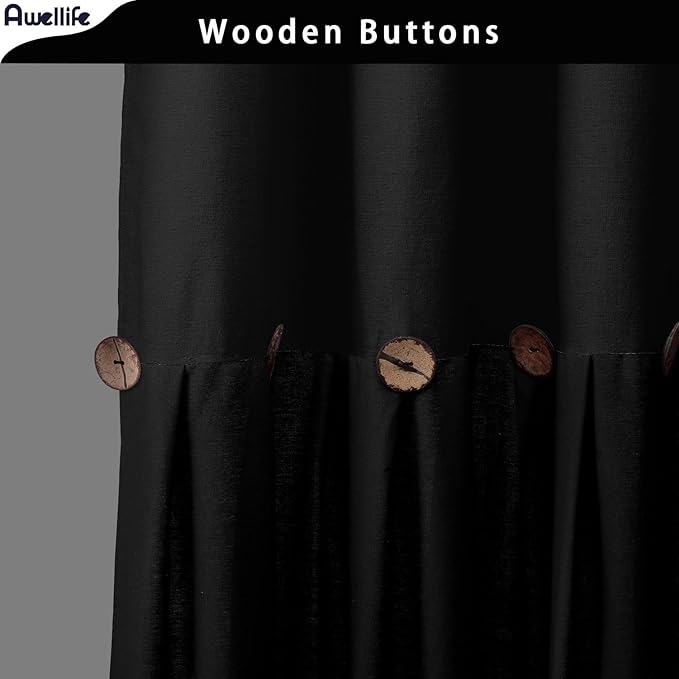Awellife Farmhouse Black Shower Curtain Button Linen Textured Woven Fabric,Country Style 72" W x 72" L