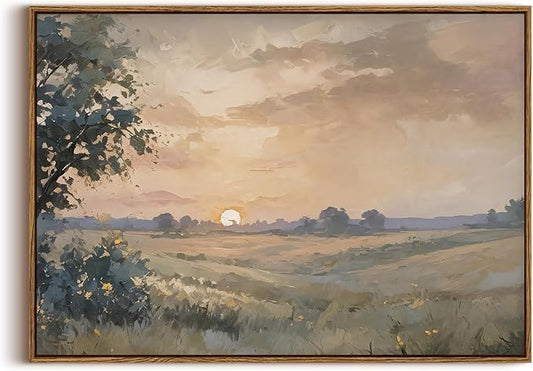 KISSFOX Vintage Framed Wall Art Sunset Landscape Canvas Wall Art Neutral Farmhouse Serene Countryside Paintings Artwork Rustic Art Prints For Bedroom Living Room