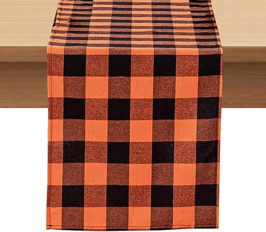 Softalker Fall Checkered Table Runner - Orange Buffalo Plaid Halloween Thanksgiving Stain Resistant Washable Table Decoration for Dining/Parties/Holiday Decor, 13 x 120 Inch