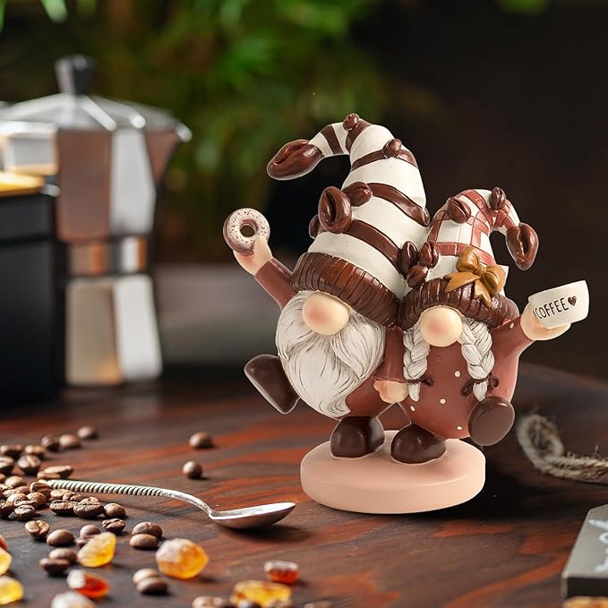 Coffee Gnomes Figurines Coffee Bar Station Decor, 5.2" Resin Gnomes Decorations for Home, Cute Small Indoor Accessories Tiered Tray Kitchen Table Desk Shelf Fall Gifts