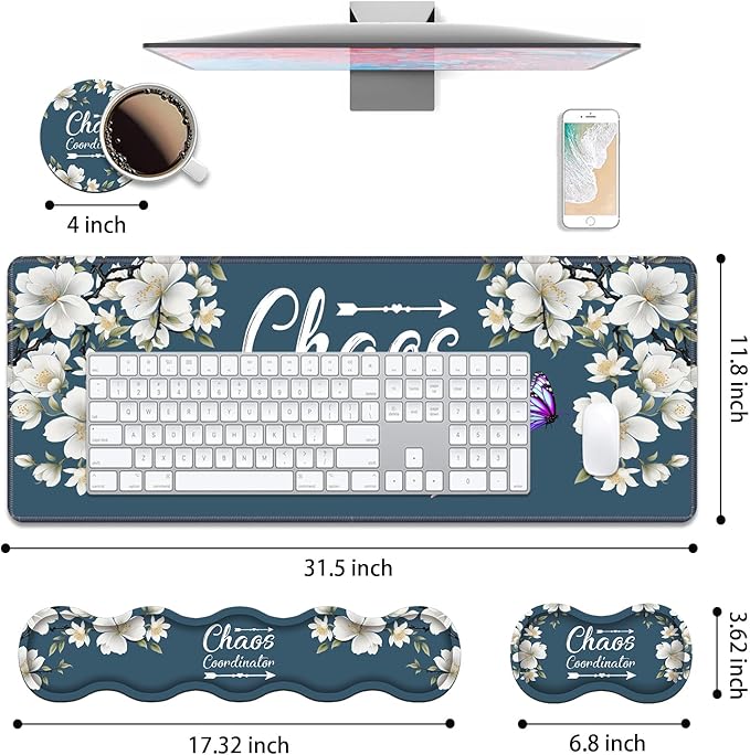 4 in 1 Ergonomic Keyboard Wrist Rest & Mouse Pad Wrist Rest Set, Large XXL Gaming Desk Mat 31.5"x 11.8" with Non-Slip Base, Memory Foam for Home Office Study Gaming, Floral Quote Chaos Coordinator