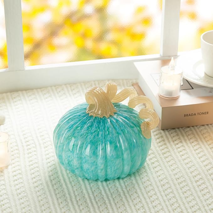 Glitzhome 6" D Round Turquoise Glass Pumpkin,Thanksgiving Glass Pumpkin Fall Pumpkin Glass Blown Pumpkin Table Decor Harvest Glass Pumpkin Figurine Glass Crafts for Fall Thanksgiving Halloween Decor