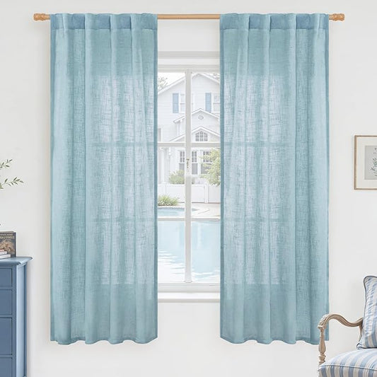 LAMIT Stone Blue Semi Sheer Window Linen Curtains 63 Inch Length, Light Filtering Panels Back Tab and Rod Pocket Country Decor Drapes for Bedroom/Living Room, 2 Panels, 34 x 63 Inch