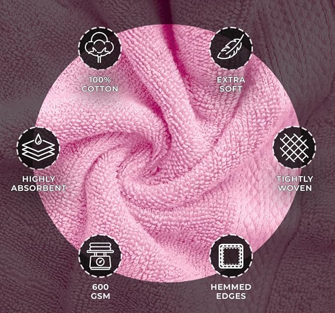 Avalon Towels Luxury 8 Piece Pink Towels Set, 2 Bath Towels, 2 Hand Towels and 4 Washcloths, 600 GSM 100% Ring Spun Cotton Highly Absorbent Pink Bathroom Towels, Ideal for Hotel, Spa and Gym