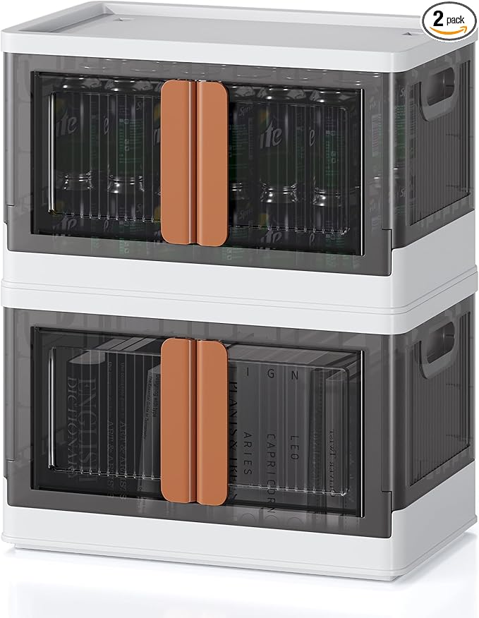 8.4Gal Collapsible Storage Bins with Lids & Wheels - 2 Pack Stackable with Doors, Heavy-Duty Plastic Containers for Home/Office, White