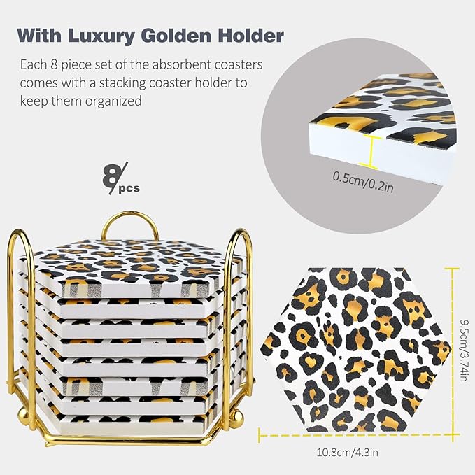 8 Pcs Drink Coasters with Metal Holder Stand, Leopard Print Design Ceramic Coaster Set, Cork Base, for Tabletop Protection, Home Decor, Bar Coasters(Leopard 1)