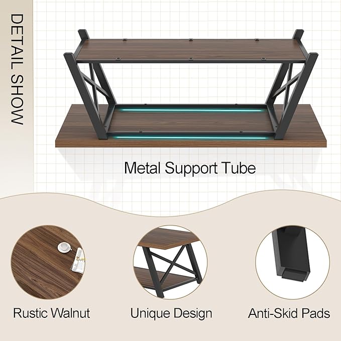 EXCEFUR Modern Coffee Table, Industrial Living Room Center Table with Storage Shelf, Rectangle Wood and Metal Cocktail Tea Table, Rustic Walnut, 47 Inch