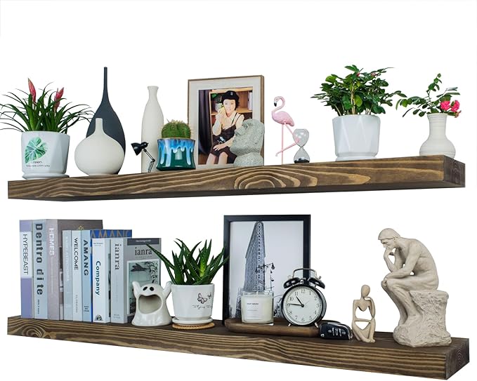 Wood Floating Shelves,Rustic Wood Wall Shelves for Bathroom Living Room Bedroom Kitchen Farmhouse Laundry Room Set of 2,Handmade-Thickened Wall Shelf (Black Walnut, 36''x8''x1.5'')