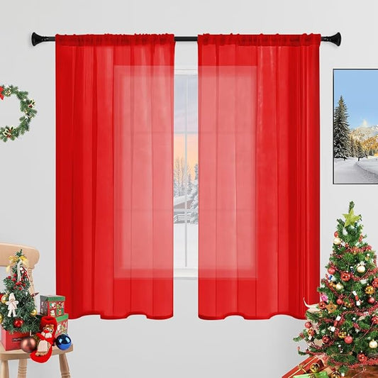Sheer Curtains 84 Inches Long 2 Panels, Rod Pocket Short Curtain for Kitchen, Bedroom, Cafe Window(Red 38" W x 84" L)