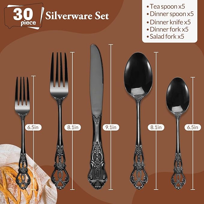 Silverware Set, 30 Pieces Retro Royal Silverware Set for 6, Anti-rust Stainless Steel Flatware Set Including Fork Spoon and Knife, Dishwasher Safe, Black