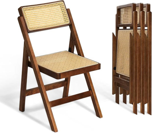 VINGLI 4 Pack Rattan Dining Chair, Wood Folding Chair with 360° Swivel Backrest, Rubberwood Frame and Rattan Woven Seat and Back, Walnut, Set of 4