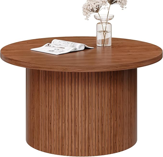 ONBRILL 31.5" Round Coffee Table, Tambour Design Coffee Tables for Living Room, Mid Century Modern Wood Coffee Table, Drum Accent Small Center Table, Walnut